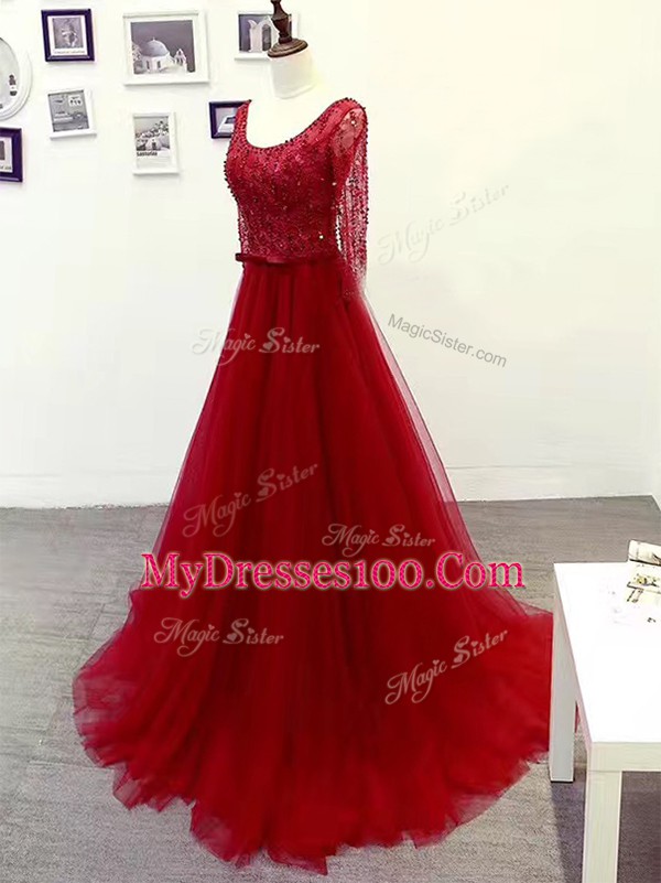 Brush Train Empire Prom Evening Gown Wine Red Scoop Tulle Long Sleeves Zipper