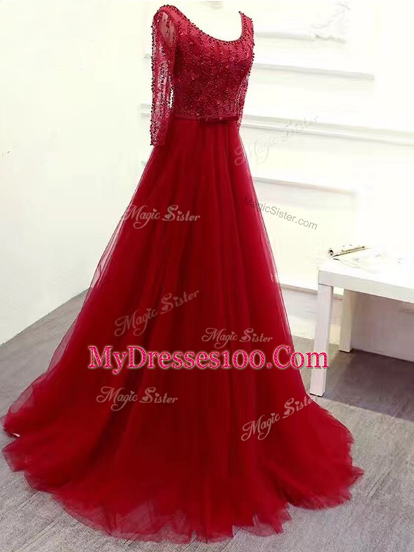 Brush Train Empire Prom Evening Gown Wine Red Scoop Tulle Long Sleeves Zipper