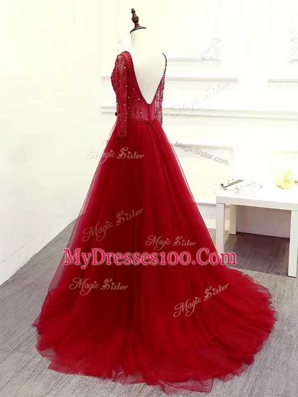 Brush Train Empire Prom Evening Gown Wine Red Scoop Tulle Long Sleeves Zipper