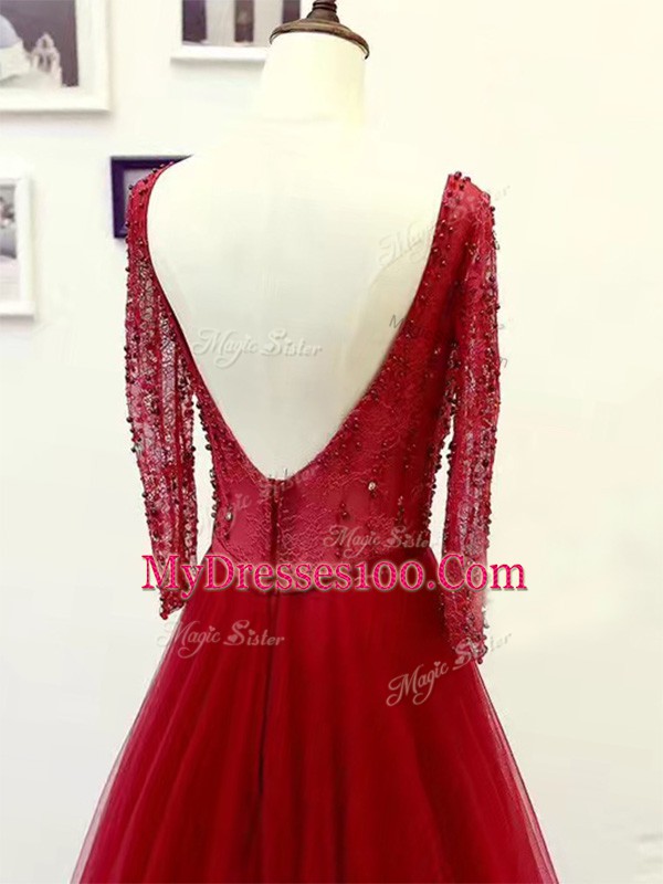 Brush Train Empire Prom Evening Gown Wine Red Scoop Tulle Long Sleeves Zipper