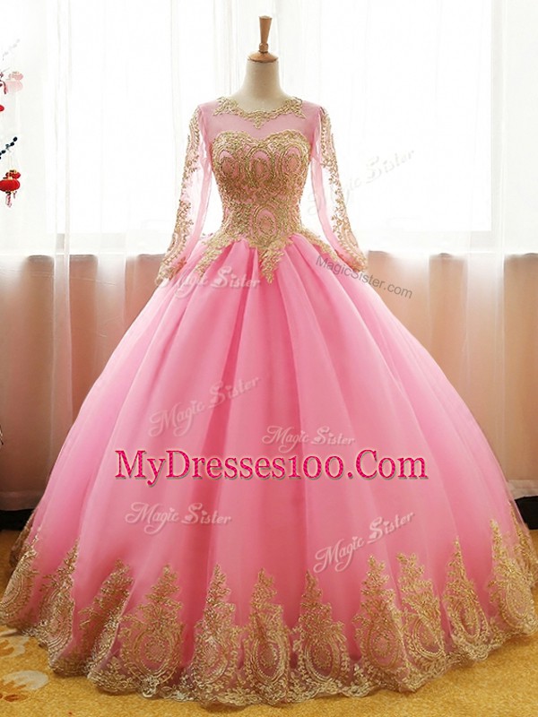 Floor Length Pink Sweet 16 Quinceanera Dress Organza Long Sleeves Appliques