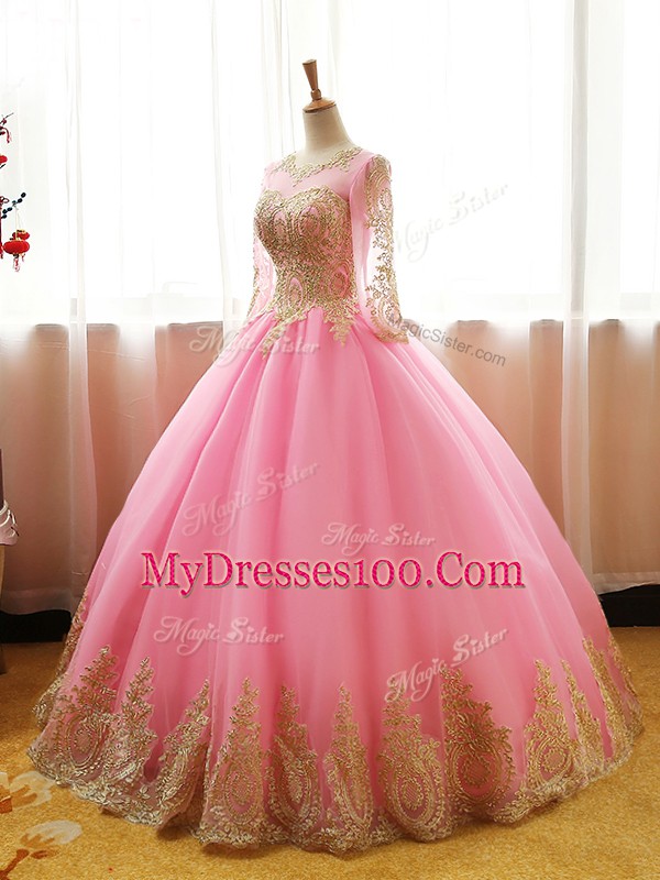 Floor Length Pink Sweet 16 Quinceanera Dress Organza Long Sleeves Appliques