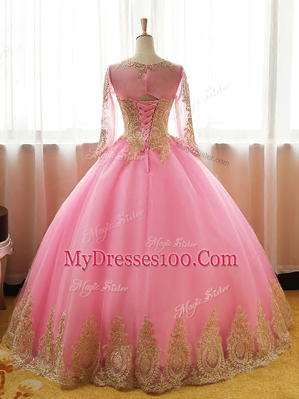 Floor Length Pink Sweet 16 Quinceanera Dress Organza Long Sleeves Appliques