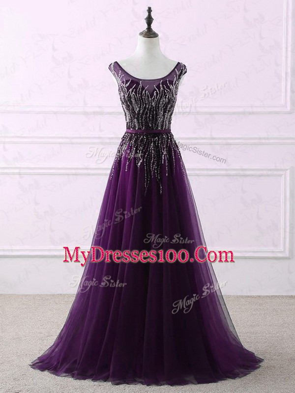 Captivating Eggplant Purple Zipper Scoop Appliques and Embroidery Homecoming Dress Tulle Sleeveless Sweep Train