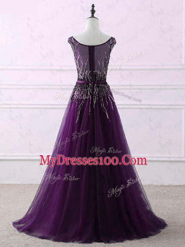 Captivating Eggplant Purple Zipper Scoop Appliques and Embroidery Homecoming Dress Tulle Sleeveless Sweep Train