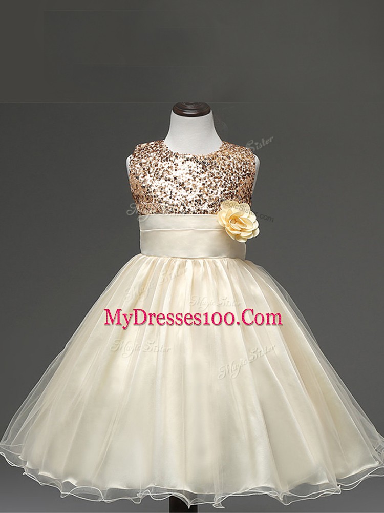 Champagne Sleeveless Tulle Zipper Little Girls Pageant Gowns for Wedding Party