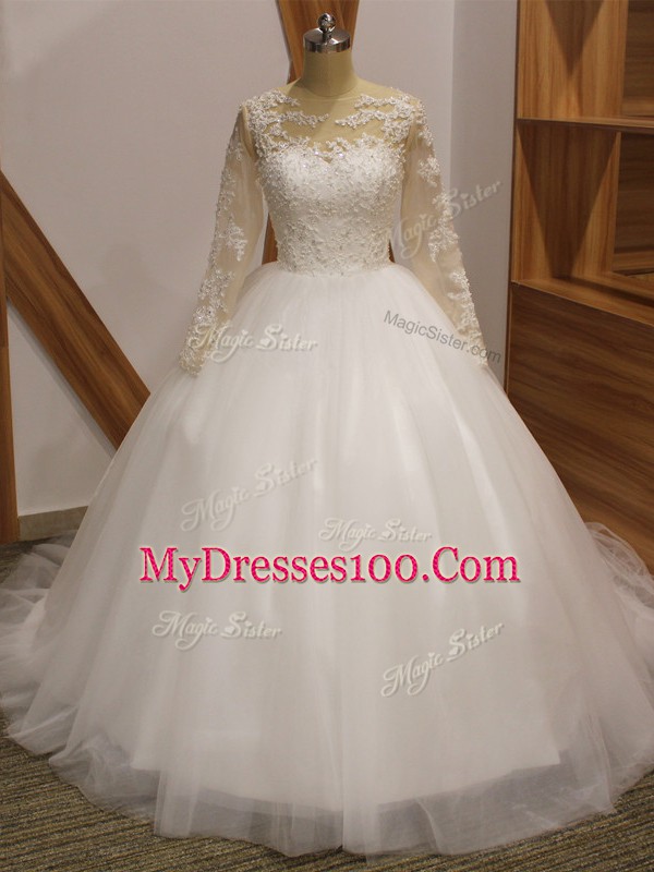 Ball Gowns Long Sleeves White Wedding Gown Brush Train Clasp Handle