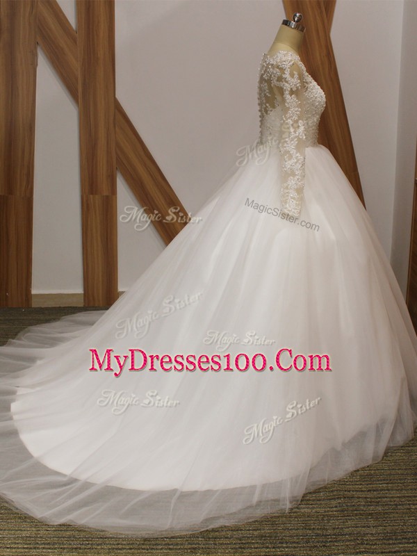 Ball Gowns Long Sleeves White Wedding Gown Brush Train Clasp Handle