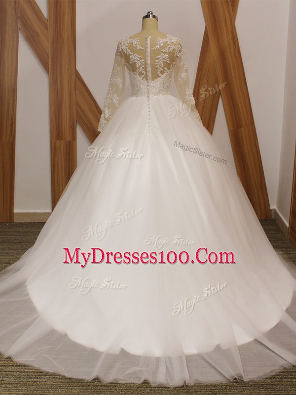 Ball Gowns Long Sleeves White Wedding Gown Brush Train Clasp Handle