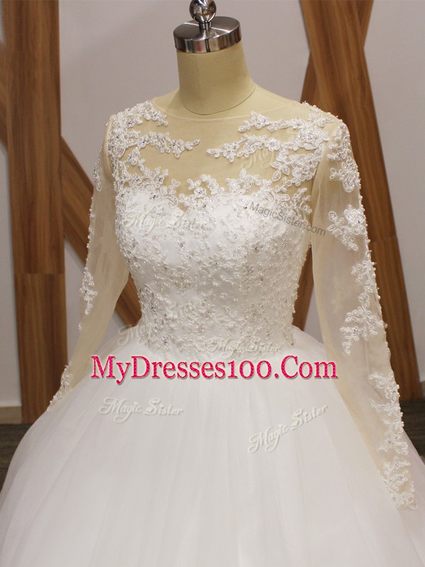 Ball Gowns Long Sleeves White Wedding Gown Brush Train Clasp Handle