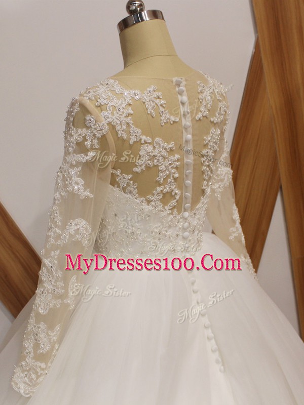 Ball Gowns Long Sleeves White Wedding Gown Brush Train Clasp Handle