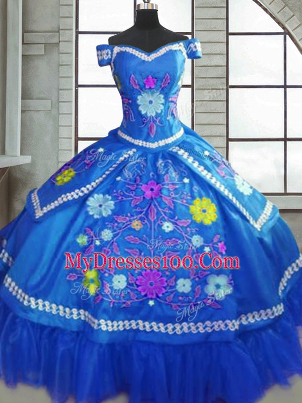 Sophisticated Taffeta Sweetheart Short Sleeves Lace Up Beading and Embroidery 15 Quinceanera Dress in Blue