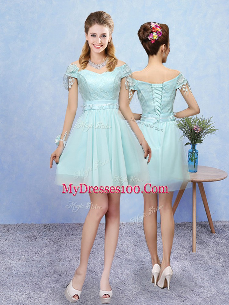 V-neck Short Sleeves Bridesmaid Dresses Mini Length Lace Aqua Blue Tulle