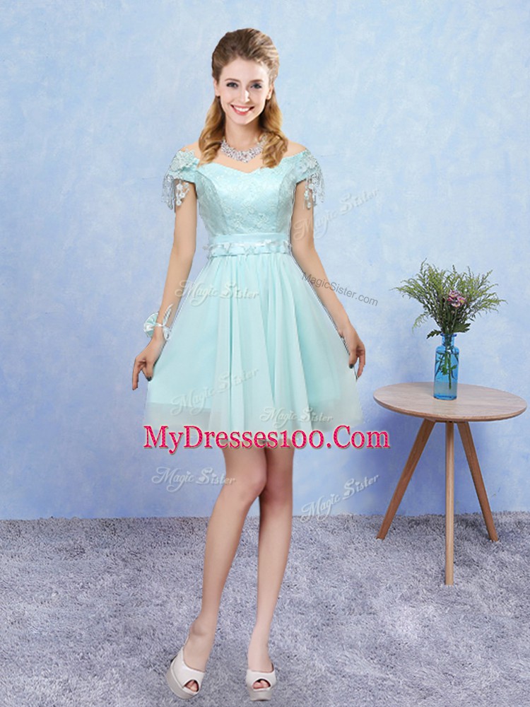 V-neck Short Sleeves Bridesmaid Dresses Mini Length Lace Aqua Blue Tulle