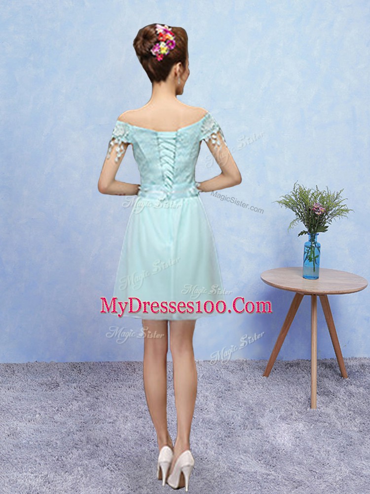 V-neck Short Sleeves Bridesmaid Dresses Mini Length Lace Aqua Blue Tulle