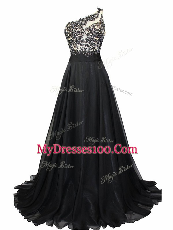 Clearance Black Prom Evening Gown Chiffon Brush Train Sleeveless Beading and Lace