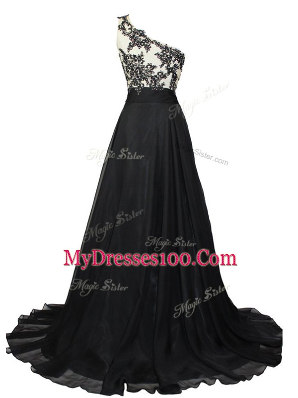 Clearance Black Prom Evening Gown Chiffon Brush Train Sleeveless Beading and Lace
