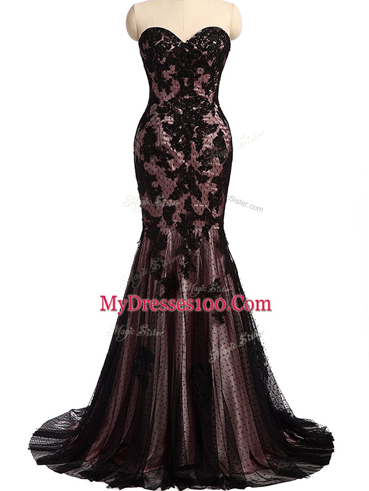 Glamorous Black Sweetheart Lace Up Lace and Appliques Homecoming Dress Brush Train Sleeveless
