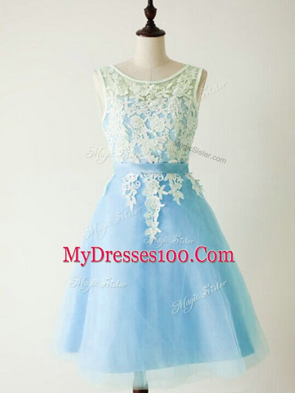 Scoop Sleeveless Lace Up Wedding Guest Dresses Light Blue Tulle