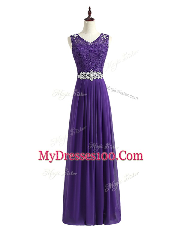 Wonderful Lavender Chiffon Zipper V-neck Sleeveless Floor Length Bridesmaid Dresses Beading and Lace