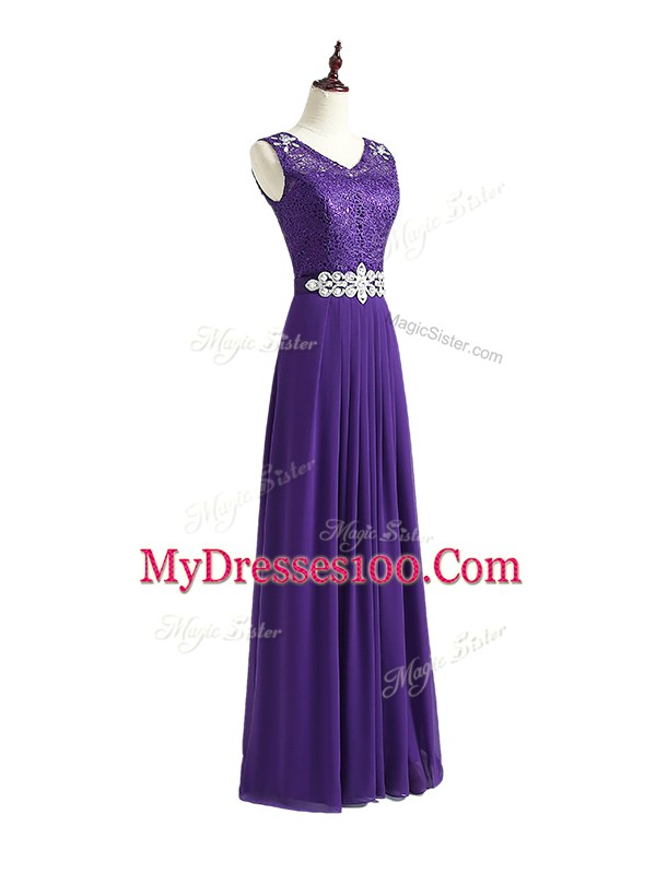 Wonderful Lavender Chiffon Zipper V-neck Sleeveless Floor Length Bridesmaid Dresses Beading and Lace