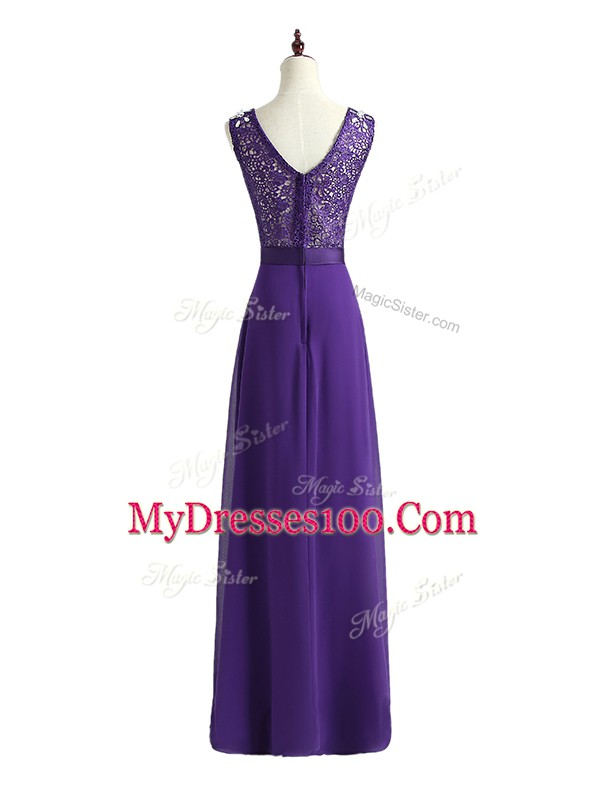 Wonderful Lavender Chiffon Zipper V-neck Sleeveless Floor Length Bridesmaid Dresses Beading and Lace