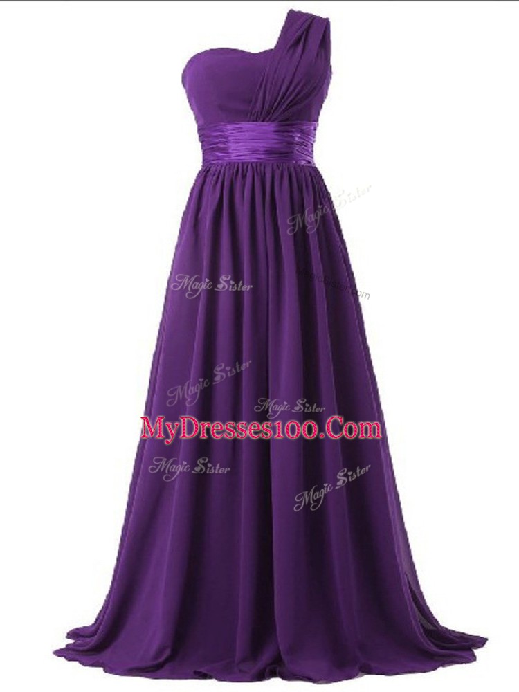 Dynamic Purple Empire Ruching Bridesmaid Dresses Lace Up Chiffon Sleeveless Floor Length