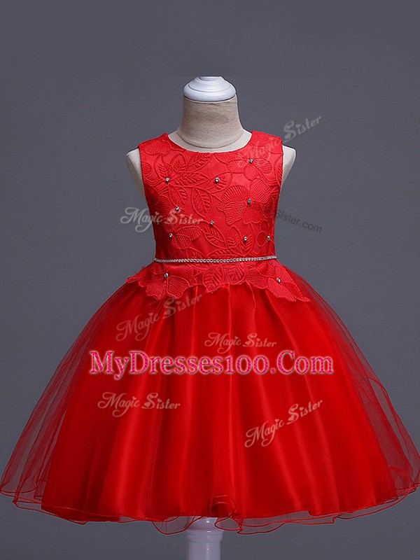Red Organza Zipper Scoop Sleeveless Knee Length Little Girl Pageant Gowns Lace