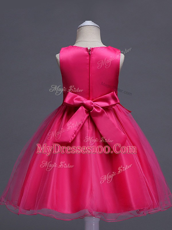 Red Organza Zipper Scoop Sleeveless Knee Length Little Girl Pageant Gowns Lace