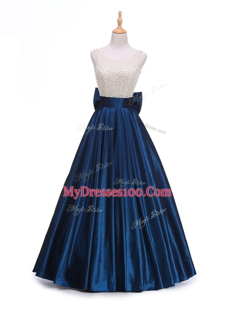 Beauteous Sleeveless Floor Length Beading and Bowknot Backless Prom Evening Gown with Navy Blue