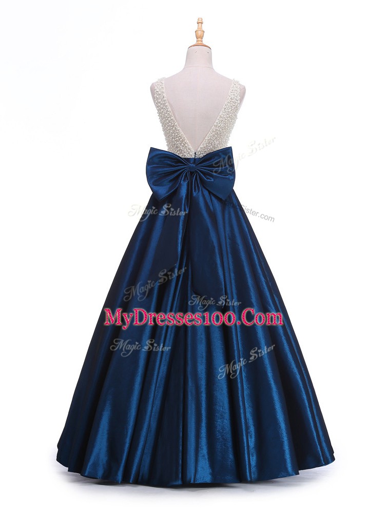 Beauteous Sleeveless Floor Length Beading and Bowknot Backless Prom Evening Gown with Navy Blue