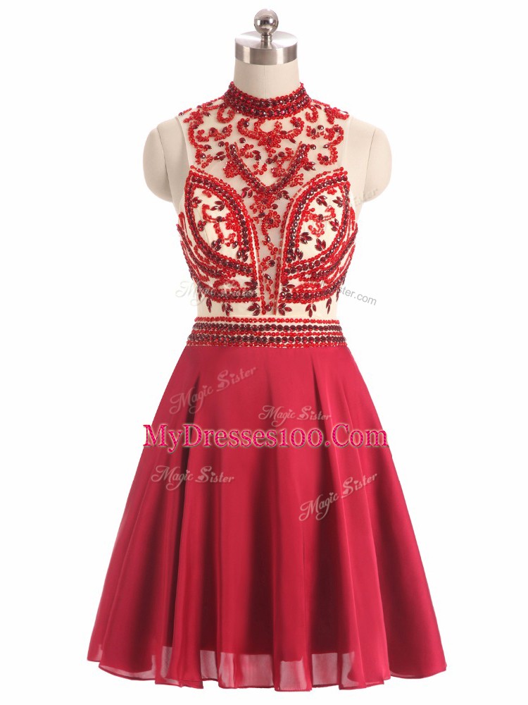 Red Sleeveless Beading Mini Length Prom Evening Gown