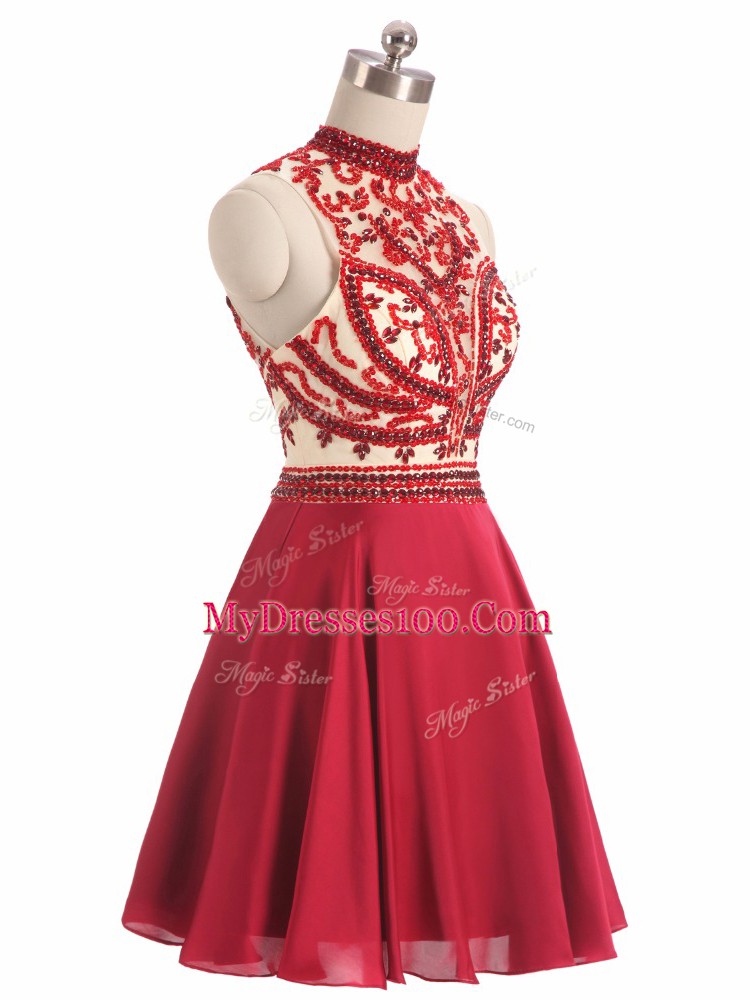Red Sleeveless Beading Mini Length Prom Evening Gown