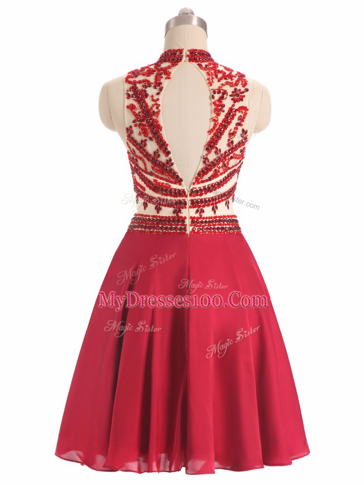 Red Sleeveless Beading Mini Length Prom Evening Gown
