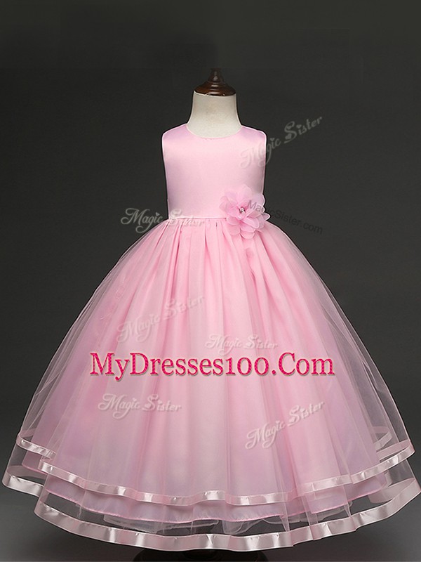 Exquisite Floor Length Baby Pink Pageant Gowns For Girls Tulle Sleeveless Hand Made Flower