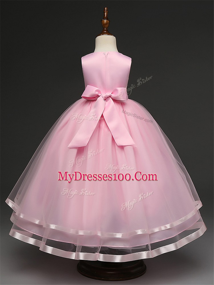 Exquisite Floor Length Baby Pink Pageant Gowns For Girls Tulle Sleeveless Hand Made Flower