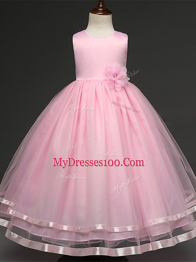 Exquisite Floor Length Baby Pink Pageant Gowns For Girls Tulle Sleeveless Hand Made Flower
