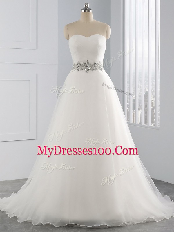 White Lace Up Sweetheart Beading Wedding Dress Organza Sleeveless Brush Train