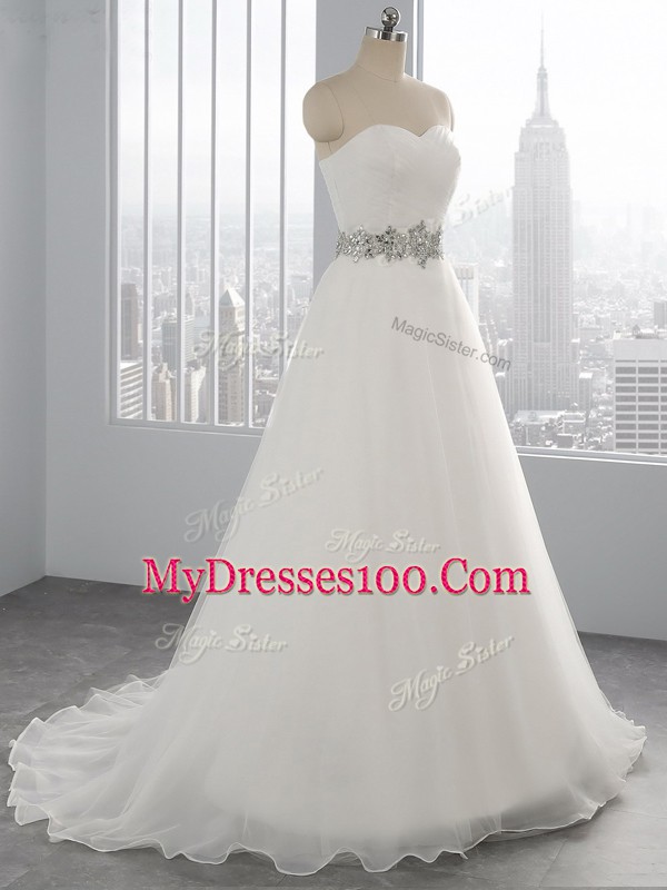 White Lace Up Sweetheart Beading Wedding Dress Organza Sleeveless Brush Train