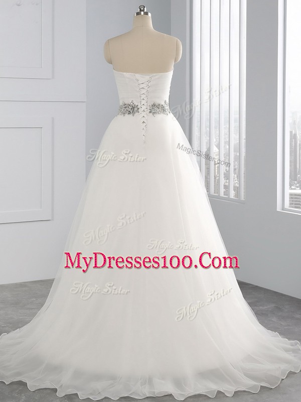 White Lace Up Sweetheart Beading Wedding Dress Organza Sleeveless Brush Train