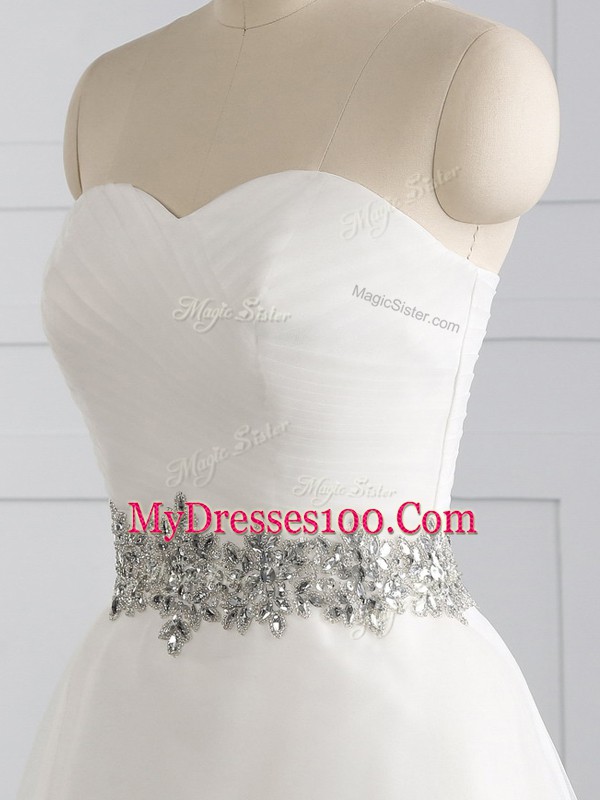 White Lace Up Sweetheart Beading Wedding Dress Organza Sleeveless Brush Train