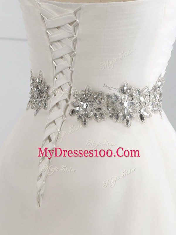 White Lace Up Sweetheart Beading Wedding Dress Organza Sleeveless Brush Train