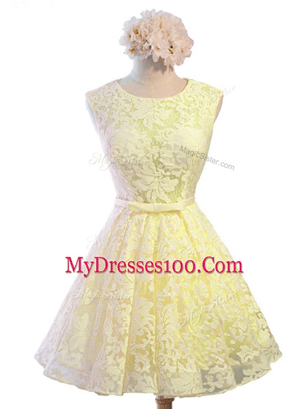 Yellow Lace Lace Up Dama Dress Sleeveless Knee Length Belt