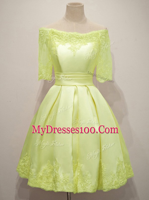 Yellow A-line Off The Shoulder Half Sleeves Taffeta Knee Length Lace Up Lace Damas Dress