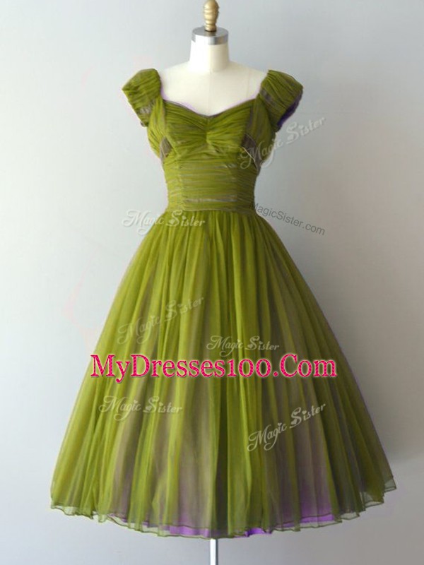 Eye-catching Olive Green Chiffon Lace Up V-neck Cap Sleeves Knee Length Bridesmaid Gown Ruching