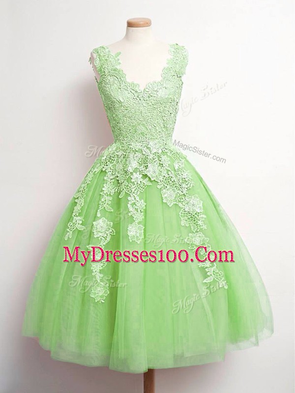 Modern V-neck Lace Up Lace Wedding Guest Dresses Sleeveless