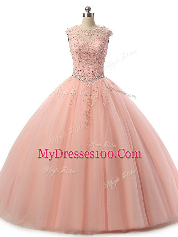 Peach Lace Up Ball Gown Prom Dress Beading and Lace Sleeveless Floor Length