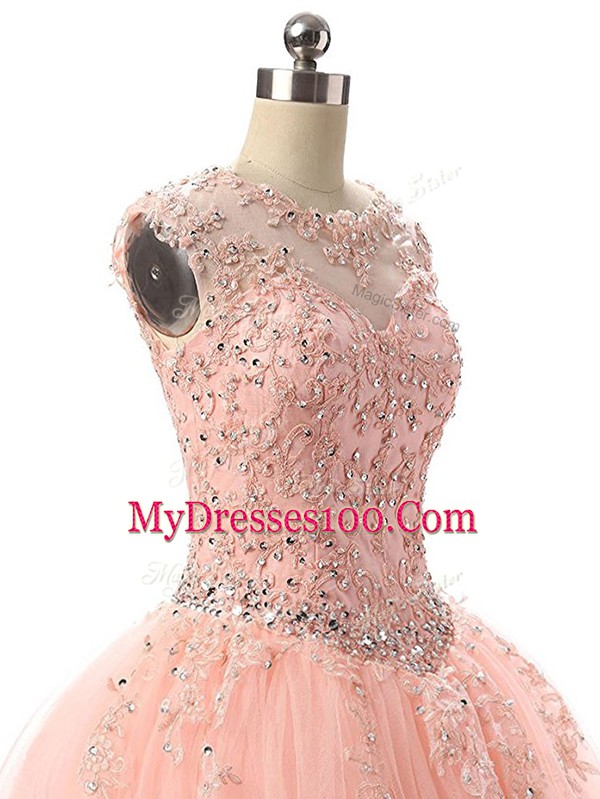 Peach Lace Up Ball Gown Prom Dress Beading and Lace Sleeveless Floor Length