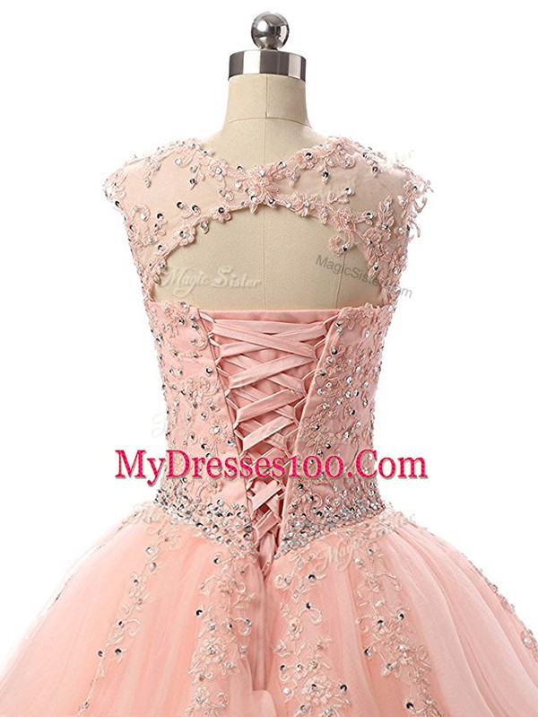 Peach Lace Up Ball Gown Prom Dress Beading and Lace Sleeveless Floor Length