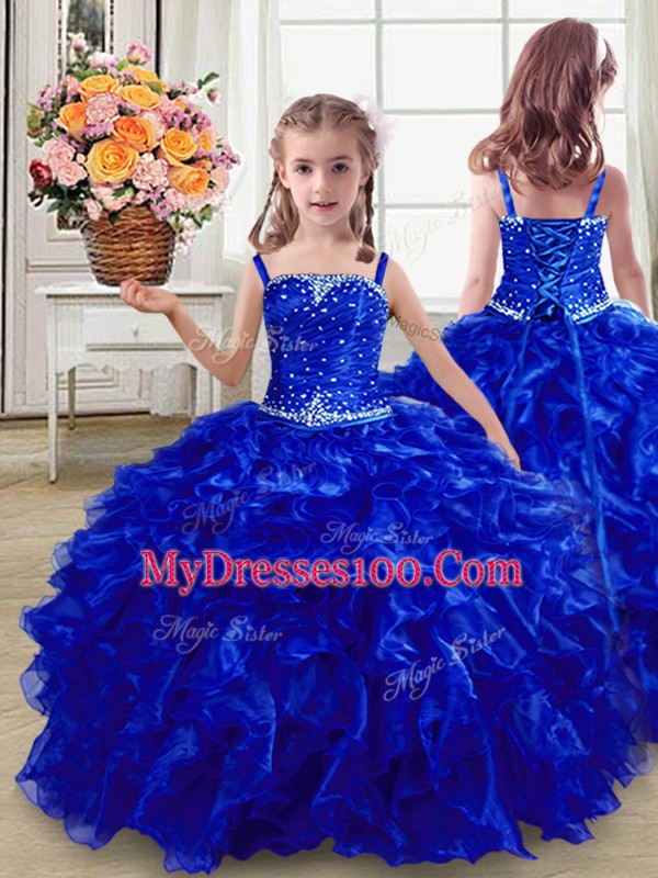 Sleeveless Floor Length Beading and Ruffles Lace Up Kids Pageant Dress with Royal Blue